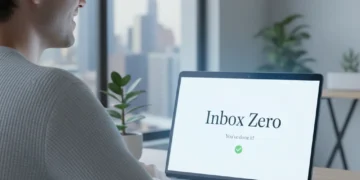 Achieving inbox zero on a laptop, symbolizing efficient email management and reduced stress.