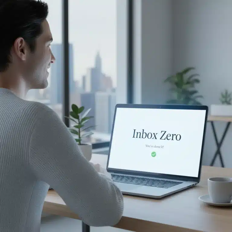 Achieving inbox zero on a laptop, symbolizing efficient email management and reduced stress.