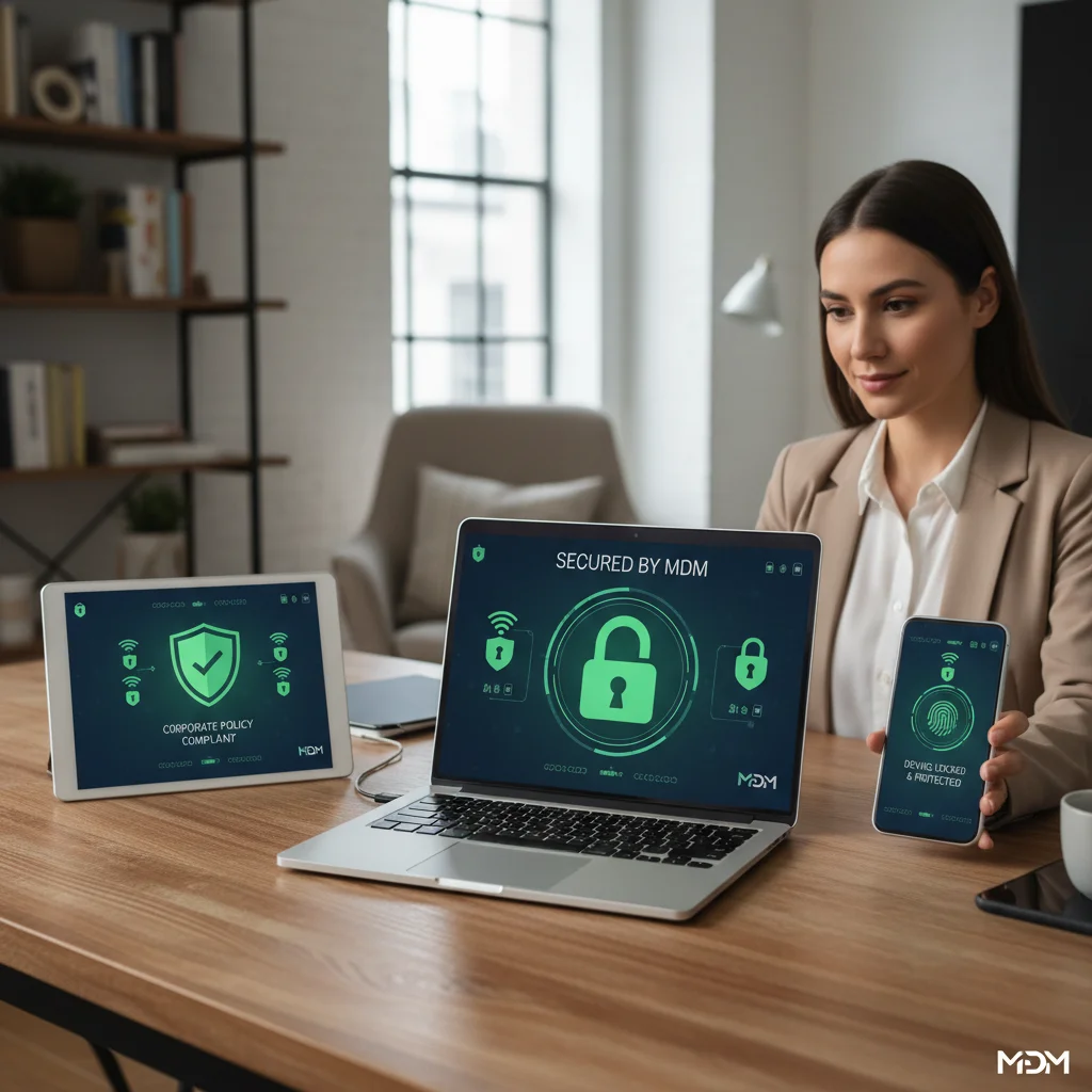 User with multiple secured personal devices in a home office, showcasing integrated MDM protection.