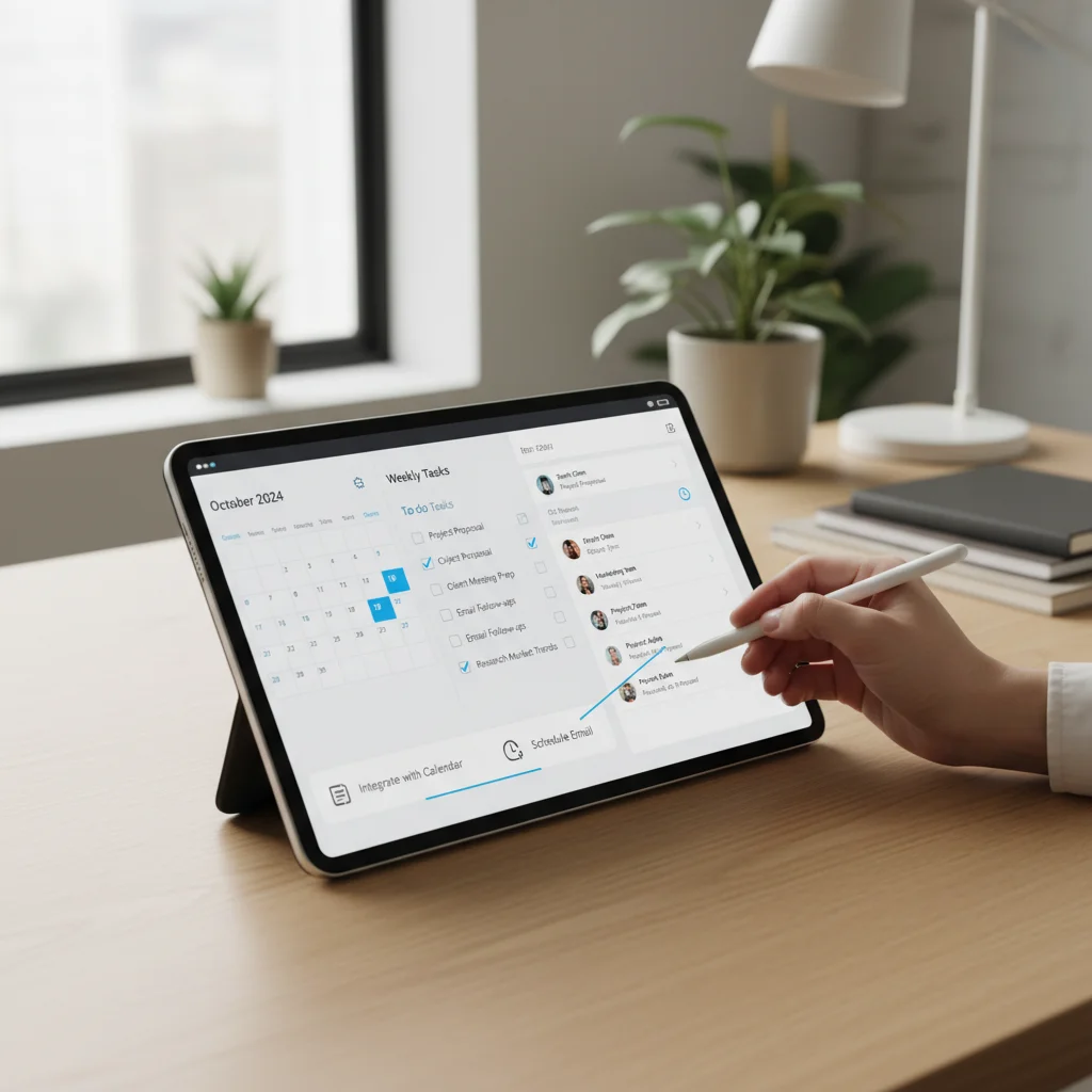 Integrated productivity tools on a tablet, combining email, calendar, and tasks.