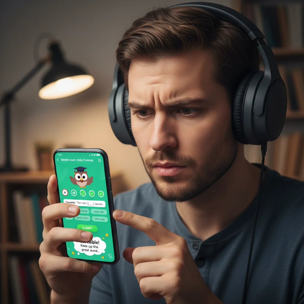 User focused on interactive language exercises on a mobile phone screen with headphones.