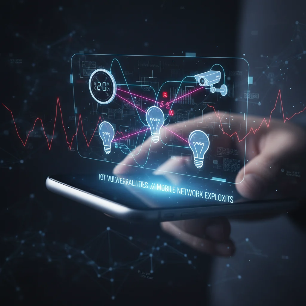 Smartphone connecting to holographic smart home devices, depicting IoT security risks.