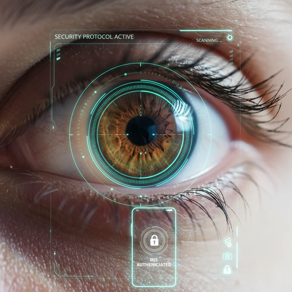Detailed iris scan technology on a mobile phone for secure authentication.
