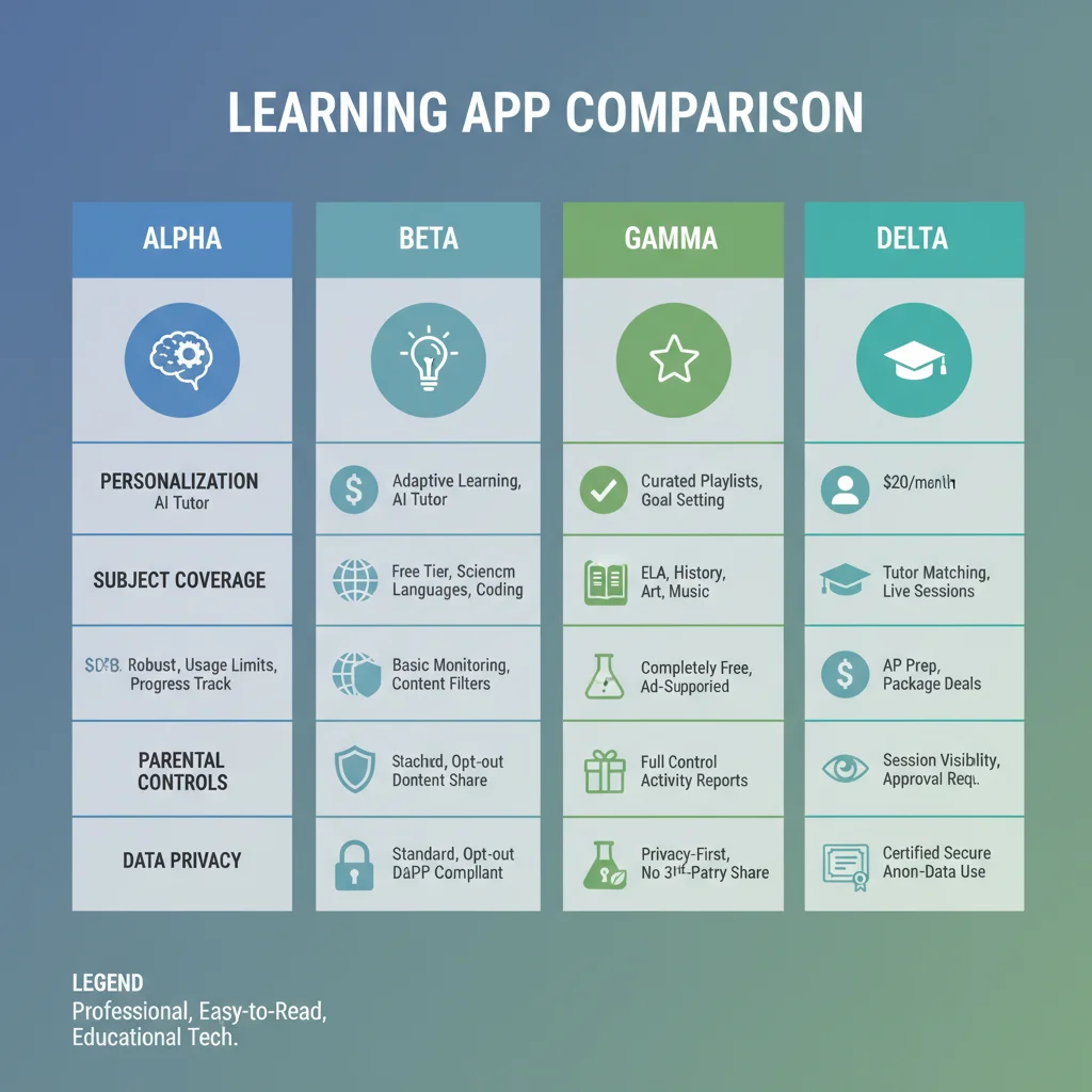 Infographic comparing key features and effectiveness of various learning apps for students.