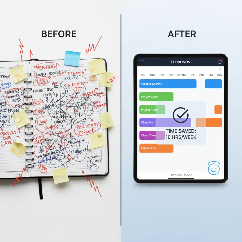 Visual comparison of a chaotic manual planner versus an organized digital advanced scheduling app, highlighting efficiency gains.