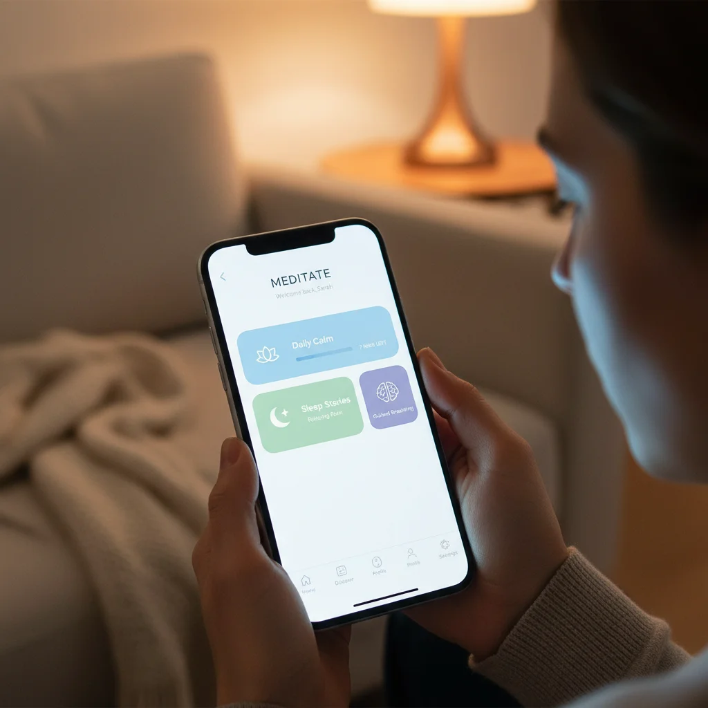 User interface of a meditation app showing guided meditation options on a smartphone.