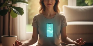 American woman meditating with a smartphone displaying a meditation app, promoting stress reduction.