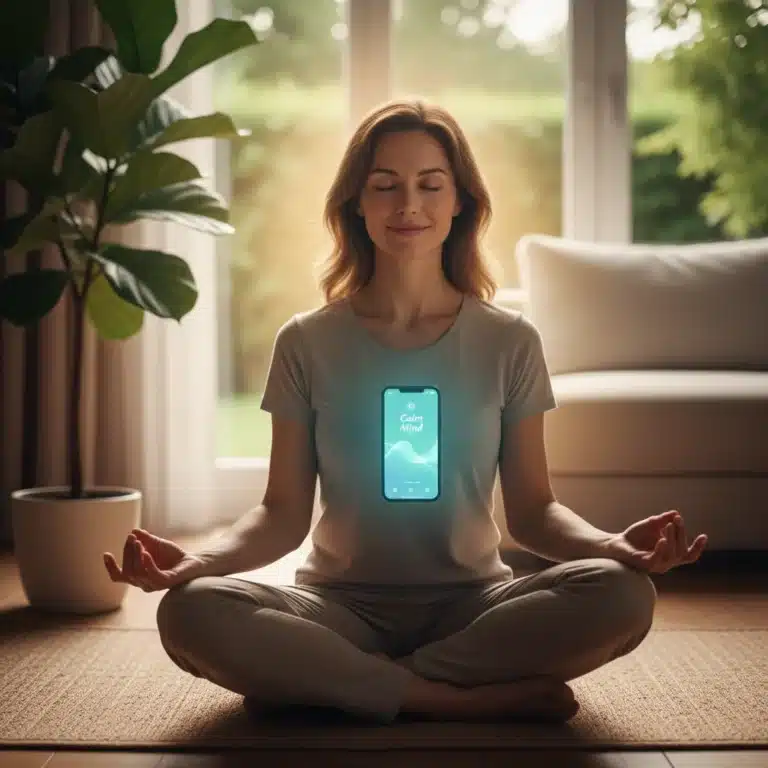 American woman meditating with a smartphone displaying a meditation app, promoting stress reduction.