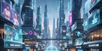 Futuristic metaverse cityscape with business interactions and digital avatars.