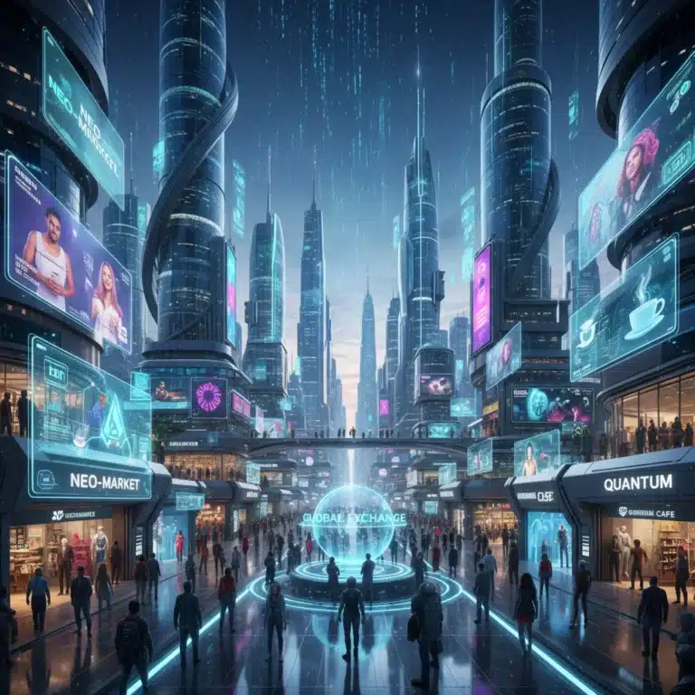 Futuristic metaverse cityscape with business interactions and digital avatars.