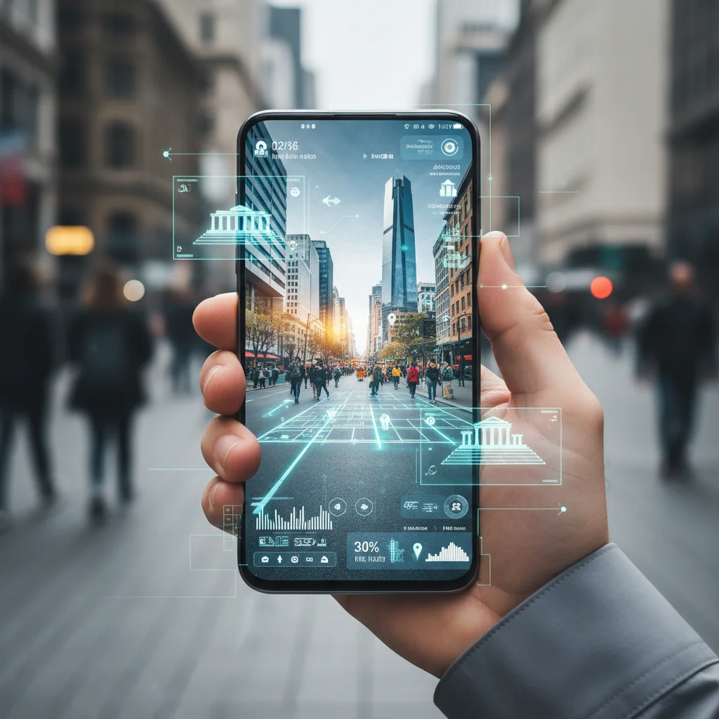 Hand holding a smartphone with Micro-LED display showcasing an immersive augmented reality application.