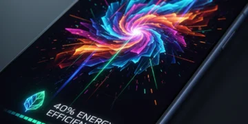 Futuristic smartphone screen with vibrant Micro-LED display, highlighting energy efficiency and superior image quality.
