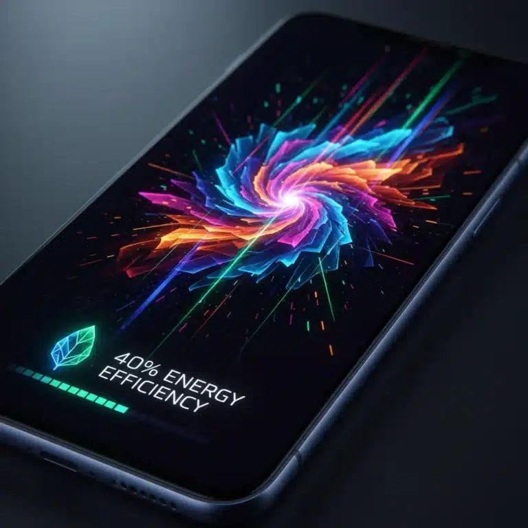 Futuristic smartphone screen with vibrant Micro-LED display, highlighting energy efficiency and superior image quality.