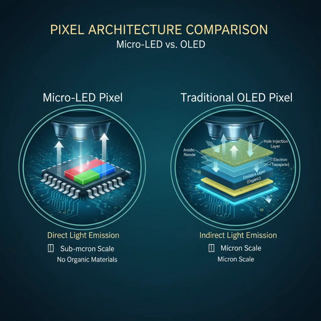 Detailed diagram comparing Micro-LED and OLED pixel structures, showing individual LED emitters.