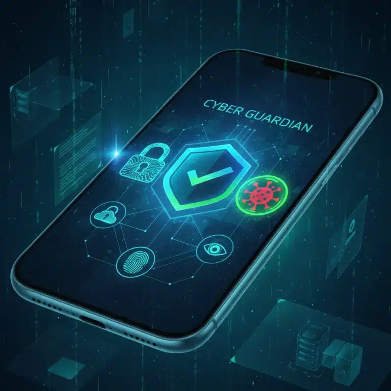 Futuristic smartphone with cybersecurity icons, representing advanced mobile protection.