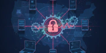 Illustration of a mobile app supply chain attack impacting U.S. users, showing compromised network connections.