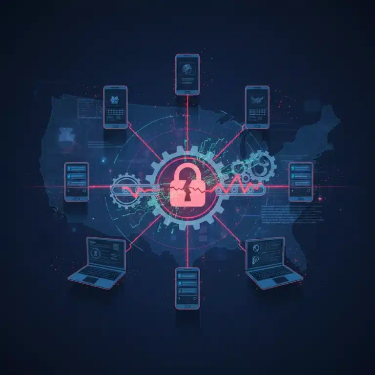 Illustration of a mobile app supply chain attack impacting U.S. users, showing compromised network connections.