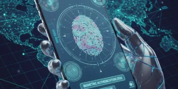 Futuristic mobile biometrics authentication on a smartphone screen showing various biometric data types.