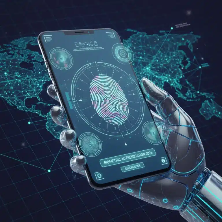 Futuristic mobile biometrics authentication on a smartphone screen showing various biometric data types.