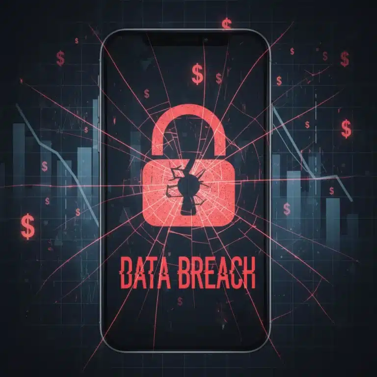 Shattered lock on smartphone screen with financial charts, representing mobile data breach financial impact.