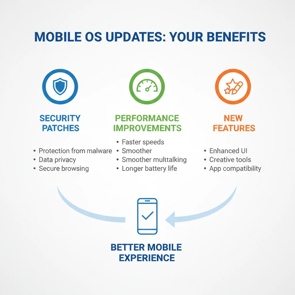 Infographic showing benefits of mobile OS updates: security, performance, features.