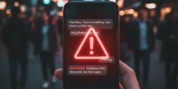 Smartphone displaying a phishing scam text message with a warning icon.