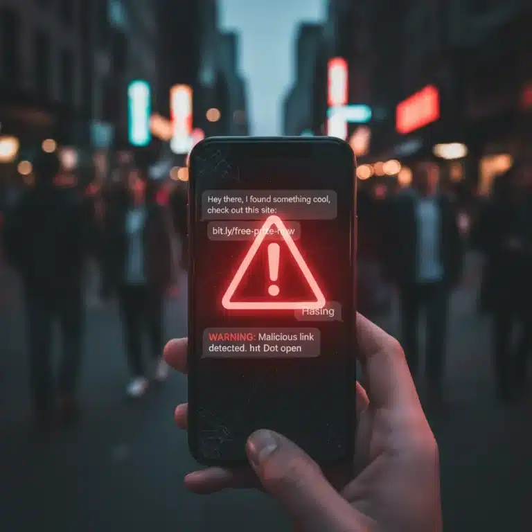 Smartphone displaying a phishing scam text message with a warning icon.