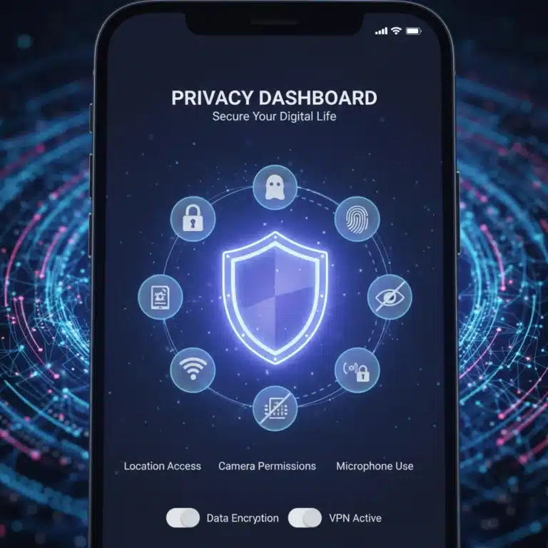 Smartphone screen with privacy settings and digital shield