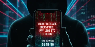 Mobile phone displaying ransomware message with digital background