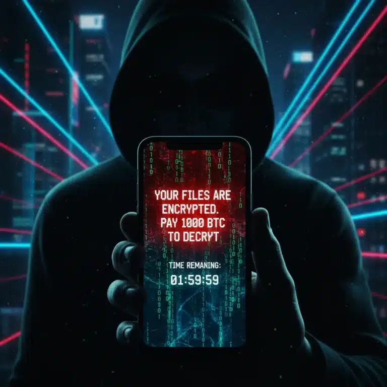 Mobile phone displaying ransomware message with digital background