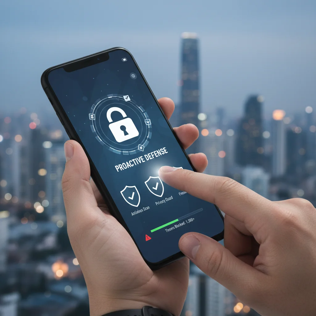 User activating mobile security software on a smartphone