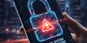 Digital padlock on smartphone screen, representing mobile security threats in 2026.