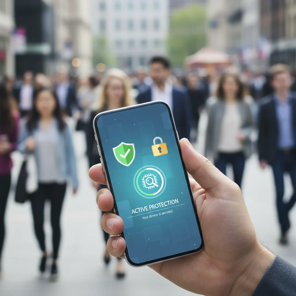 User actively protecting their mobile device against cyber threats with security measures.