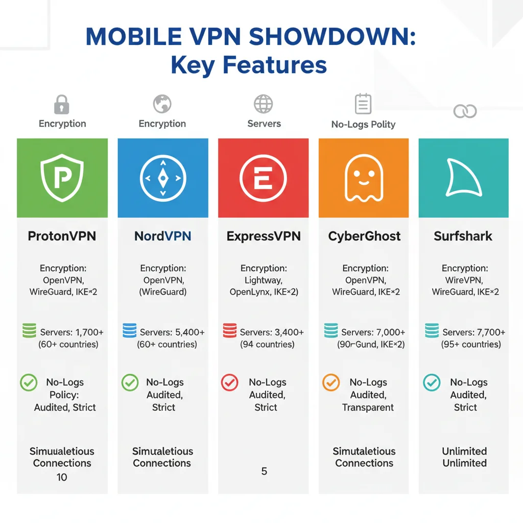 Comparison chart of mobile VPN features and security protocols