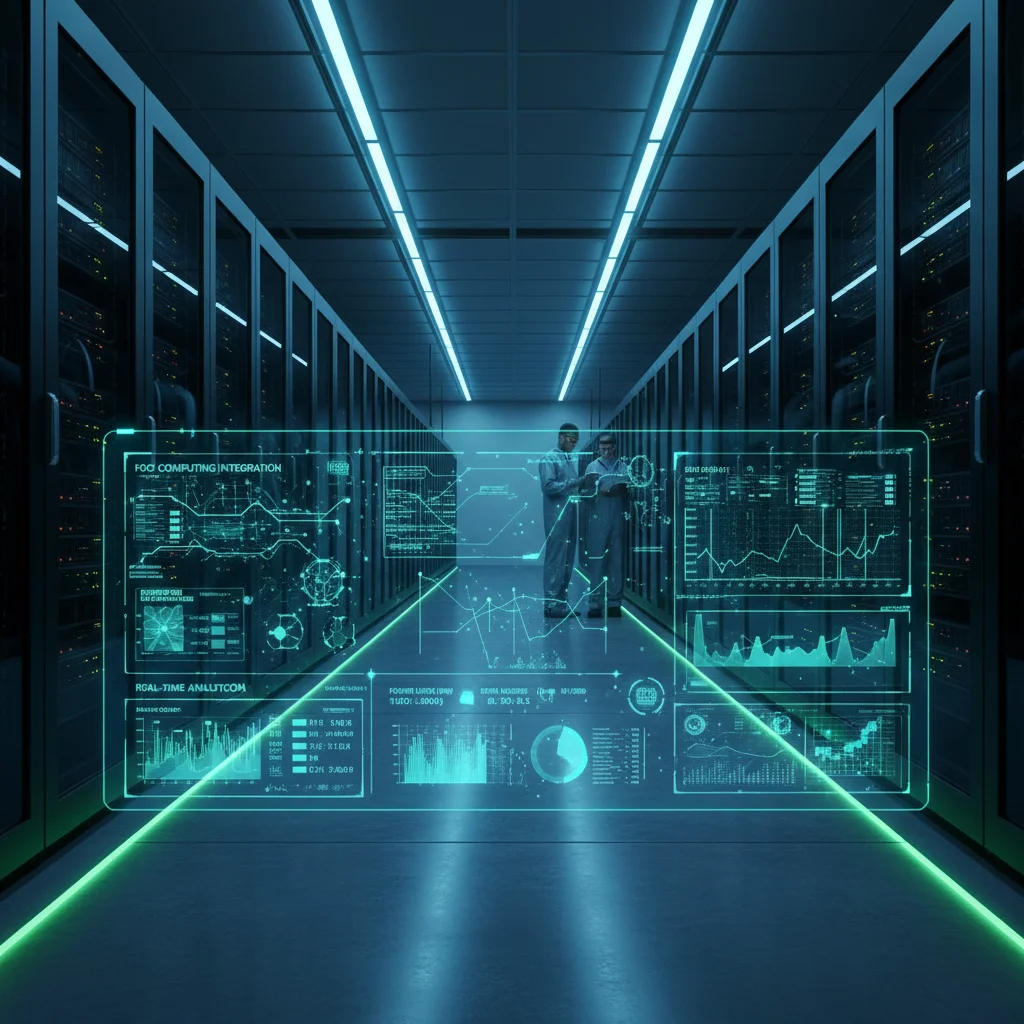 Modern data center interior demonstrating enhanced efficiency with fog computing integration