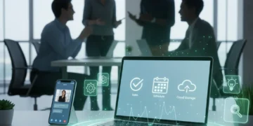 Modern digital workspace with productivity tool icons for entrepreneurs