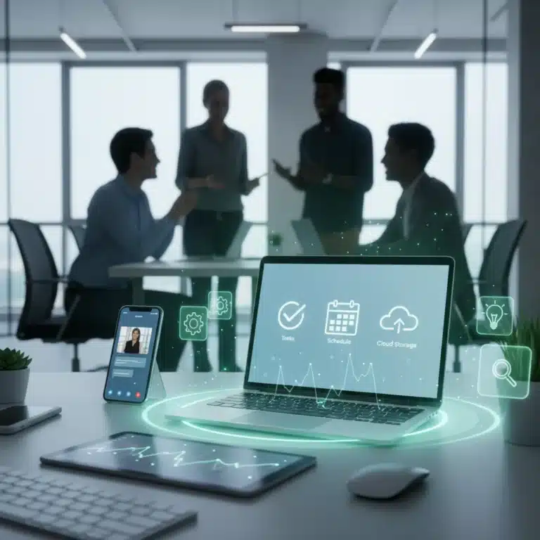 Modern digital workspace with productivity tool icons for entrepreneurs