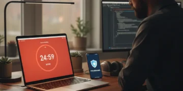 Modern desk with laptop showing Pomodoro timer and phone with blocking app, symbolizing enhanced focus for professionals.