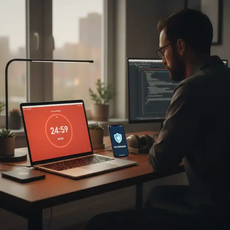 Modern desk with laptop showing Pomodoro timer and phone with blocking app, symbolizing enhanced focus for professionals.