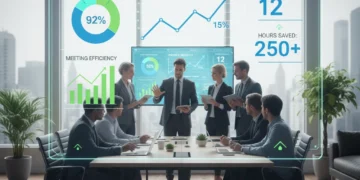 Modern digital dashboard showing key productivity metrics and growth, with a diverse team collaborating.