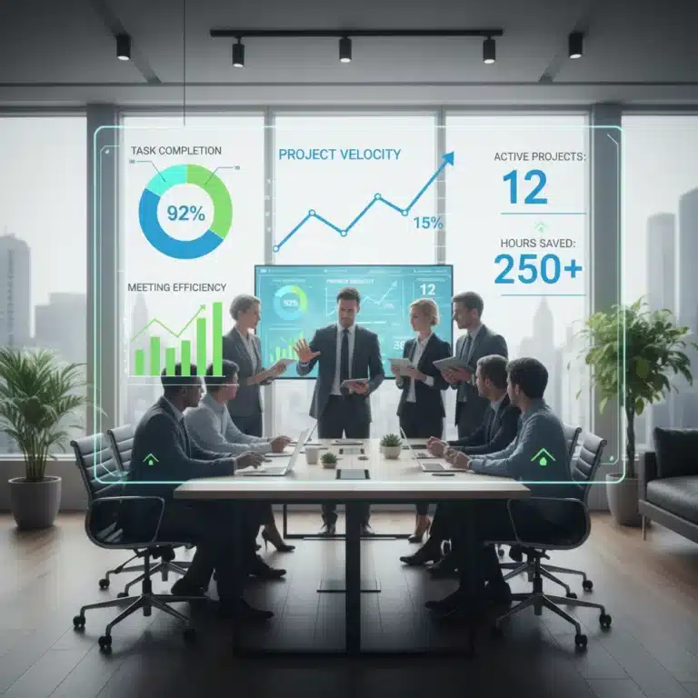 Modern digital dashboard showing key productivity metrics and growth, with a diverse team collaborating.
