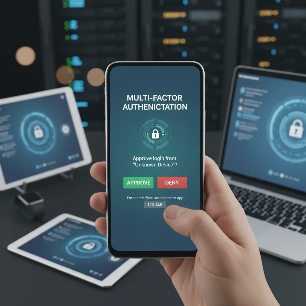 Hand holding smartphone with multi-factor authentication screen.