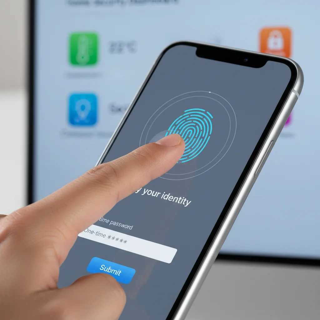Hand using a smartphone for multi-factor authentication to access smart home controls, showing fingerprint and OTP fields.
