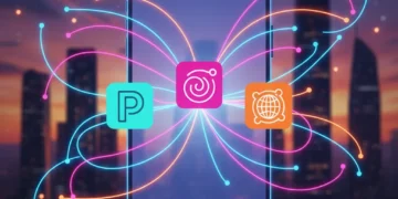 Futuristic mobile app icons merging on a smartphone screen, symbolizing new social media platforms.