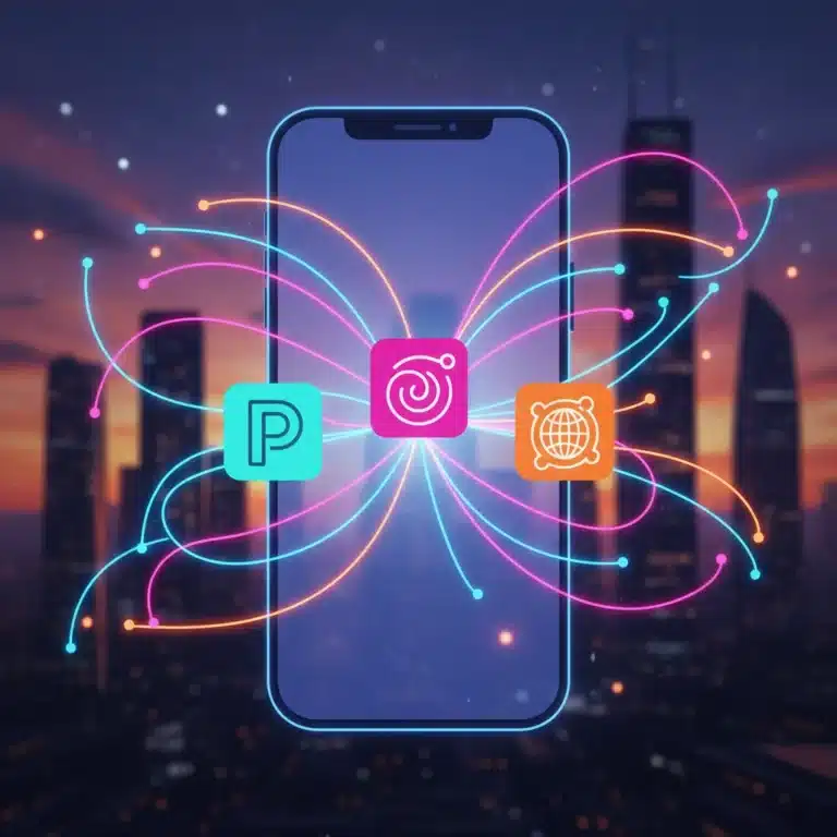 Futuristic mobile app icons merging on a smartphone screen, symbolizing new social media platforms.