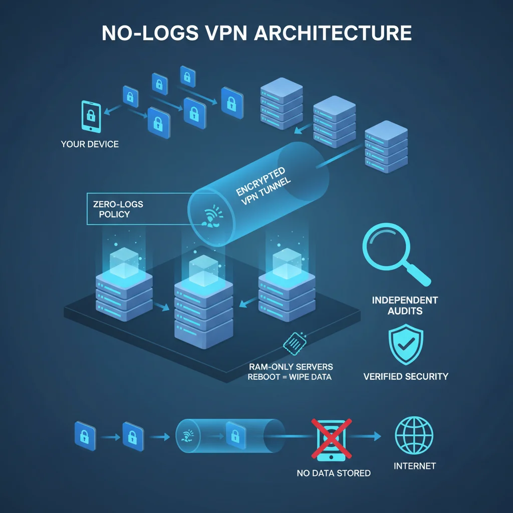 Infographic explaining a no-logs VPN policy with encrypted data flow.
