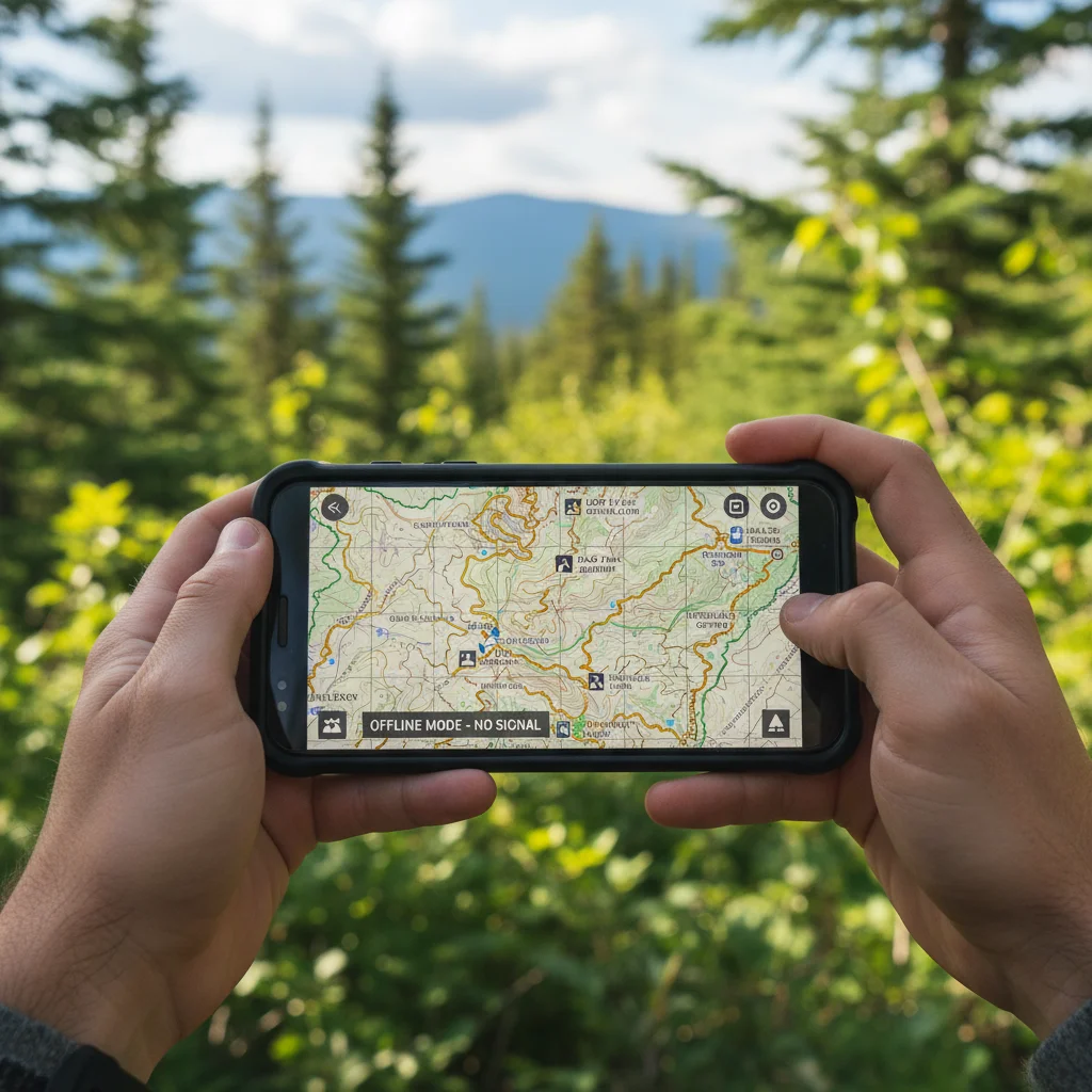 Offline navigation map on smartphone in a remote US national park.