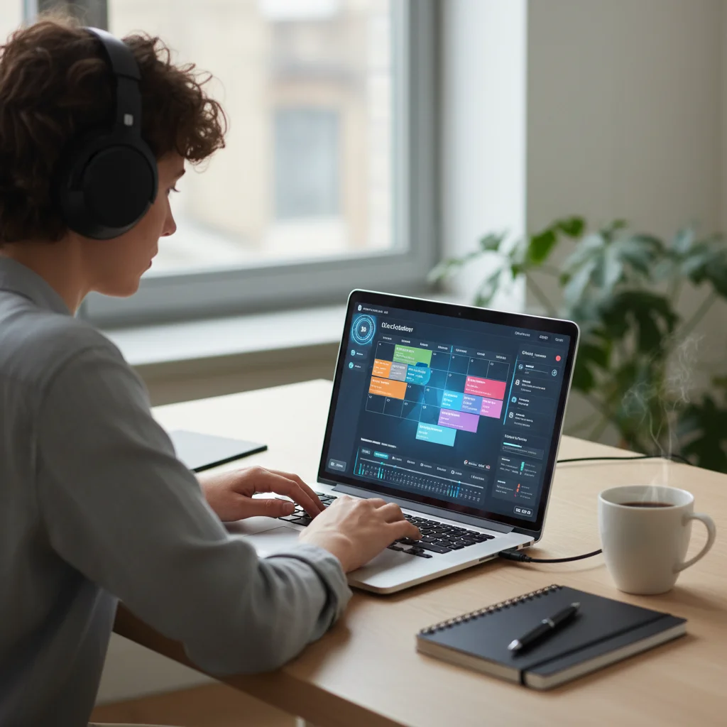 Professional using an advanced calendar tool on a laptop for focused work and scheduling.