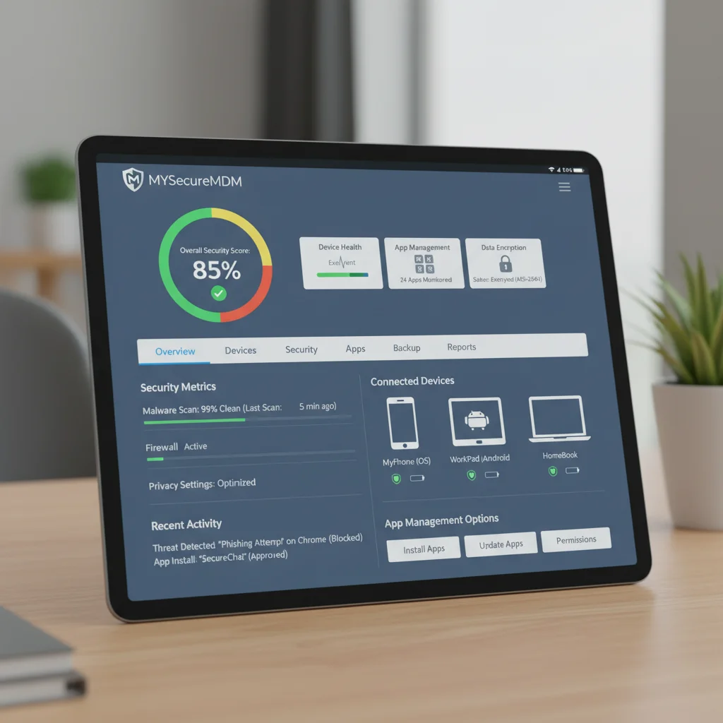 Dashboard of a personal MDM solution displaying security metrics and device management features.