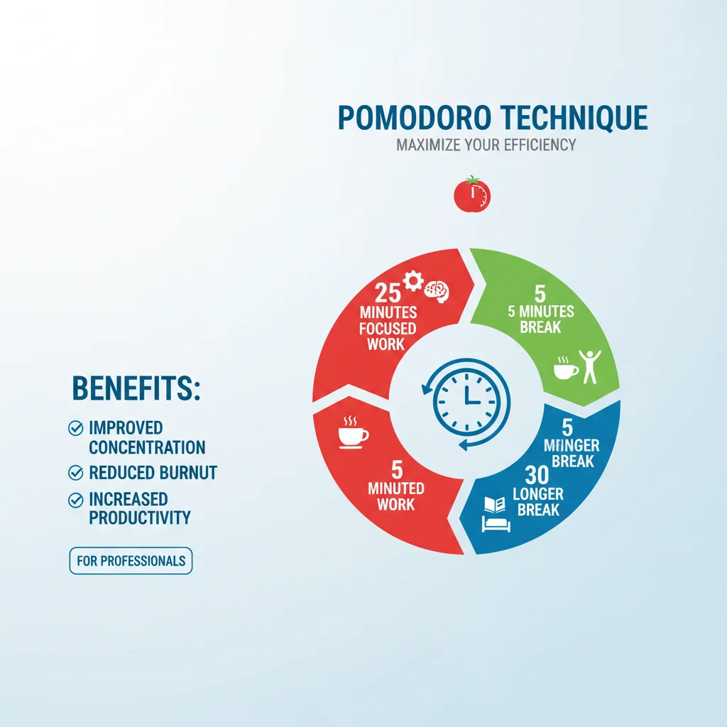 Infographic explaining Pomodoro Technique cycles for enhanced concentration and productivity.